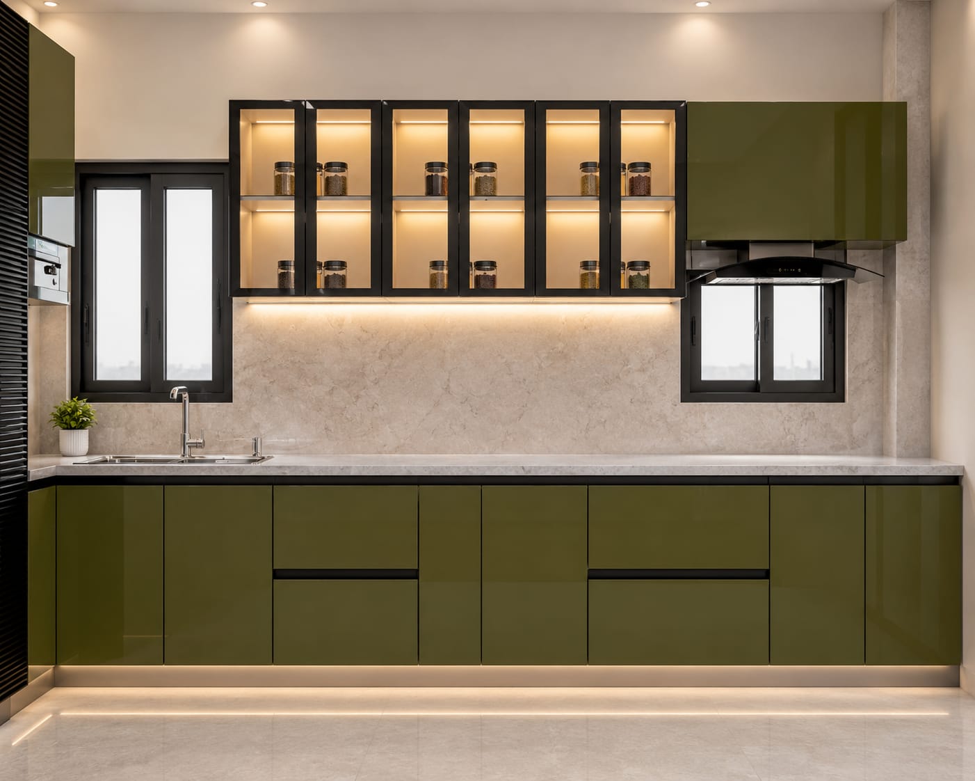 Olive green modular kitchen with backlit glass display cabinets